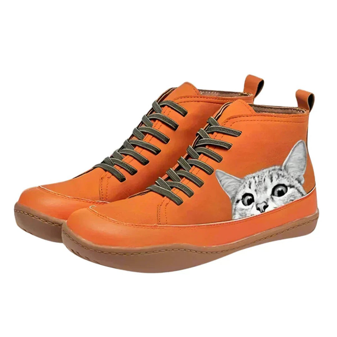 Nora | Bottines en cuir à lacets pour femmes avec motif de chat