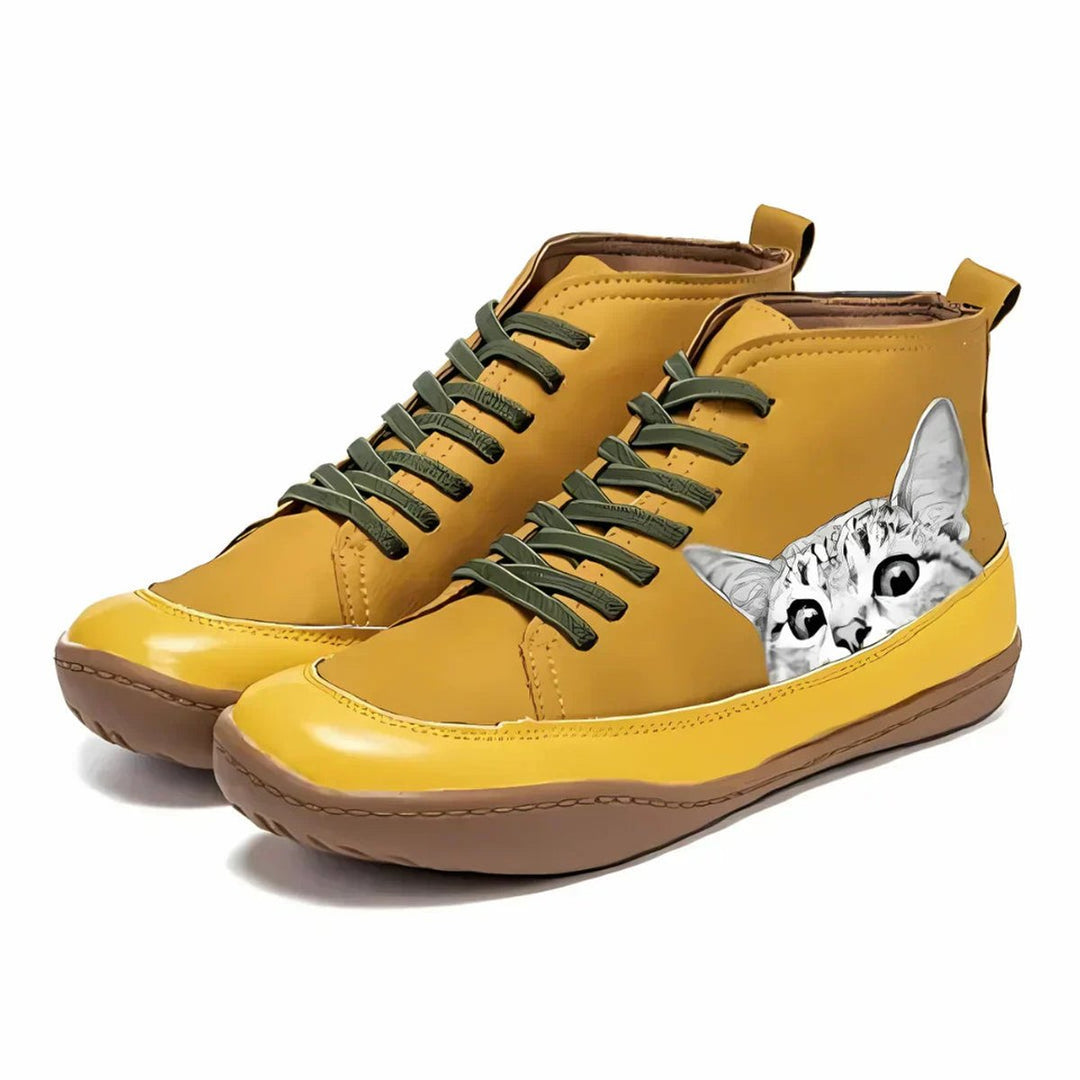 Nora | Bottines en cuir à lacets pour femmes avec motif de chat