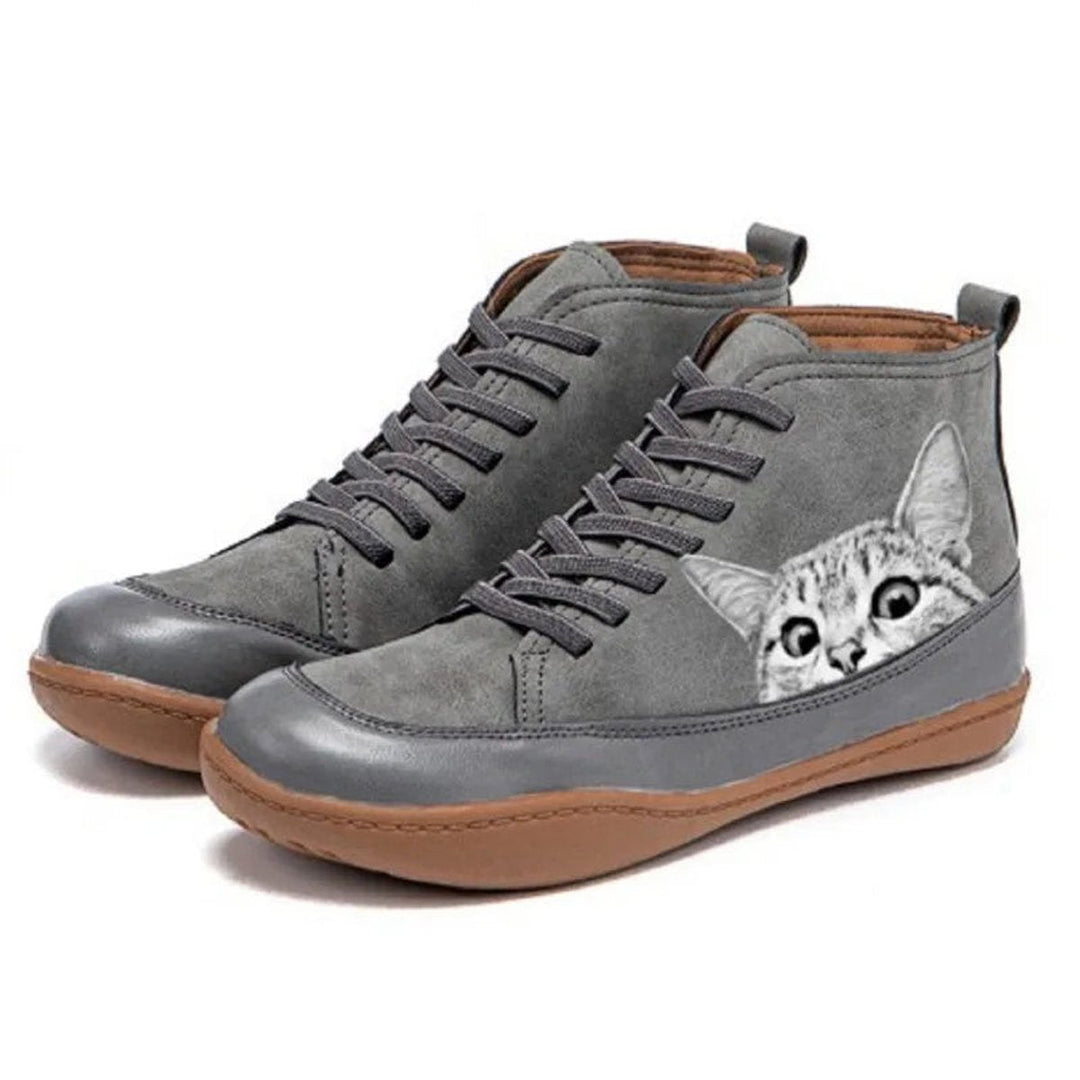 Nora | Bottines en cuir à lacets pour femmes avec motif de chat