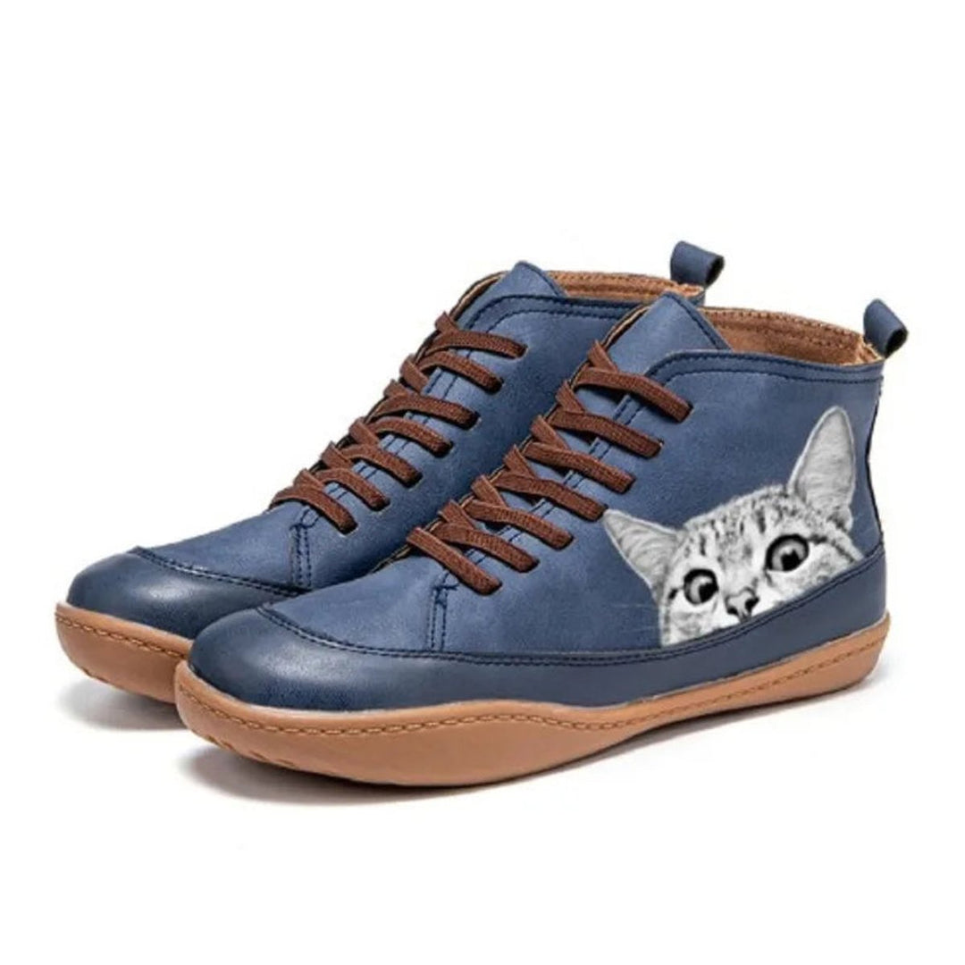 Nora | Bottines en cuir à lacets pour femmes avec motif de chat