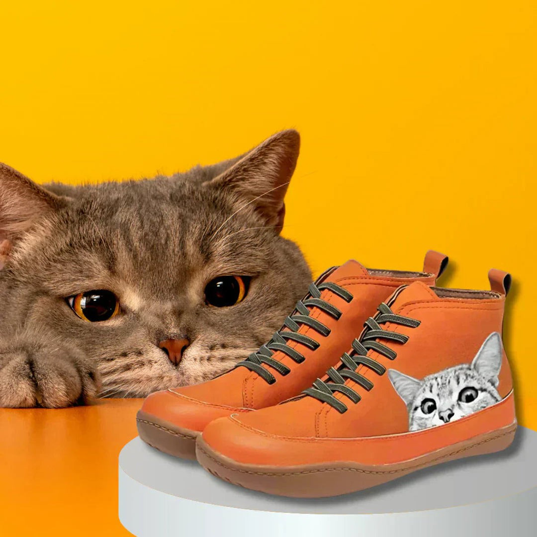Nora | Bottines en cuir à lacets pour femmes avec motif de chat