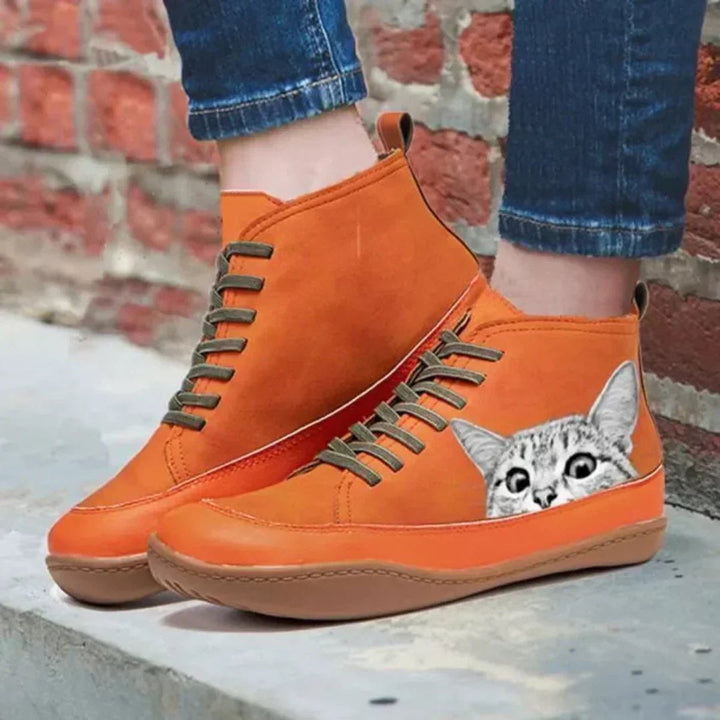 Nora | Bottines en cuir à lacets pour femmes avec motif de chat