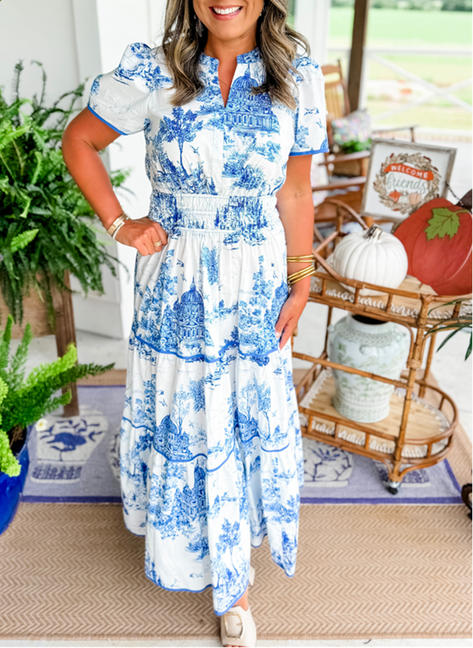 Robe Maxi à Manches Courtes pour Femmes avec Décolleté en V, Taille Froncée, Jupe à Volants et Motif Imprimé