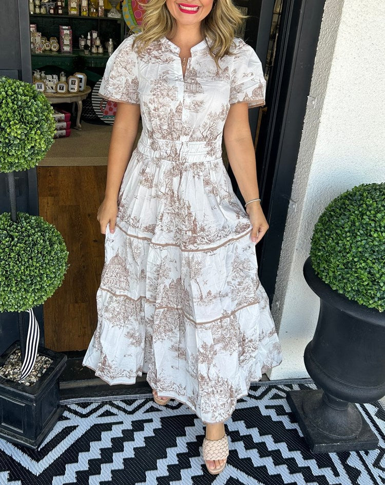Robe Maxi à Manches Courtes pour Femmes avec Décolleté en V, Taille Froncée, Jupe à Volants et Motif Imprimé