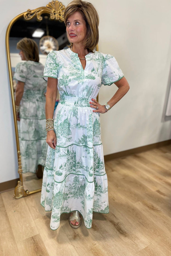 Robe Maxi à Manches Courtes pour Femmes avec Décolleté en V, Taille Froncée, Jupe à Volants et Motif Imprimé