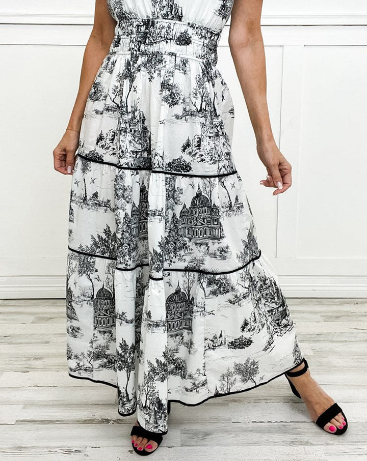 Robe Maxi à Manches Courtes pour Femmes avec Décolleté en V, Taille Froncée, Jupe à Volants et Motif Imprimé