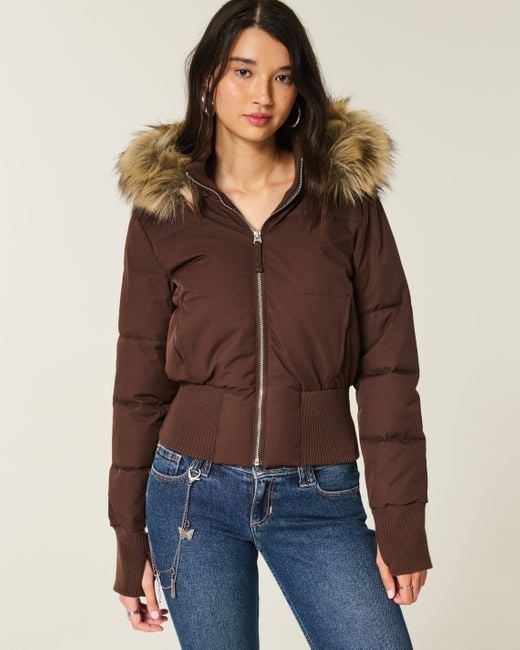 Veste courte matelassée pour femmes avec capuche en fourrure, fermeture éclair frontale et manches longues