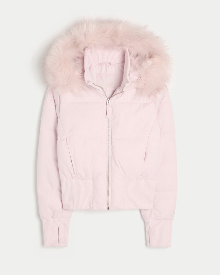 Veste courte matelassée pour femmes avec capuche en fourrure, fermeture éclair frontale et manches longues