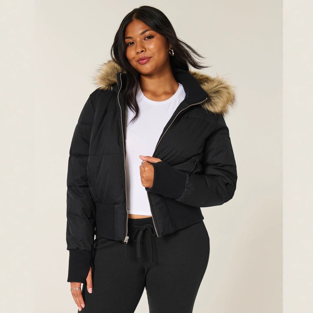 Veste courte matelassée pour femmes avec capuche en fourrure, fermeture éclair frontale et manches longues