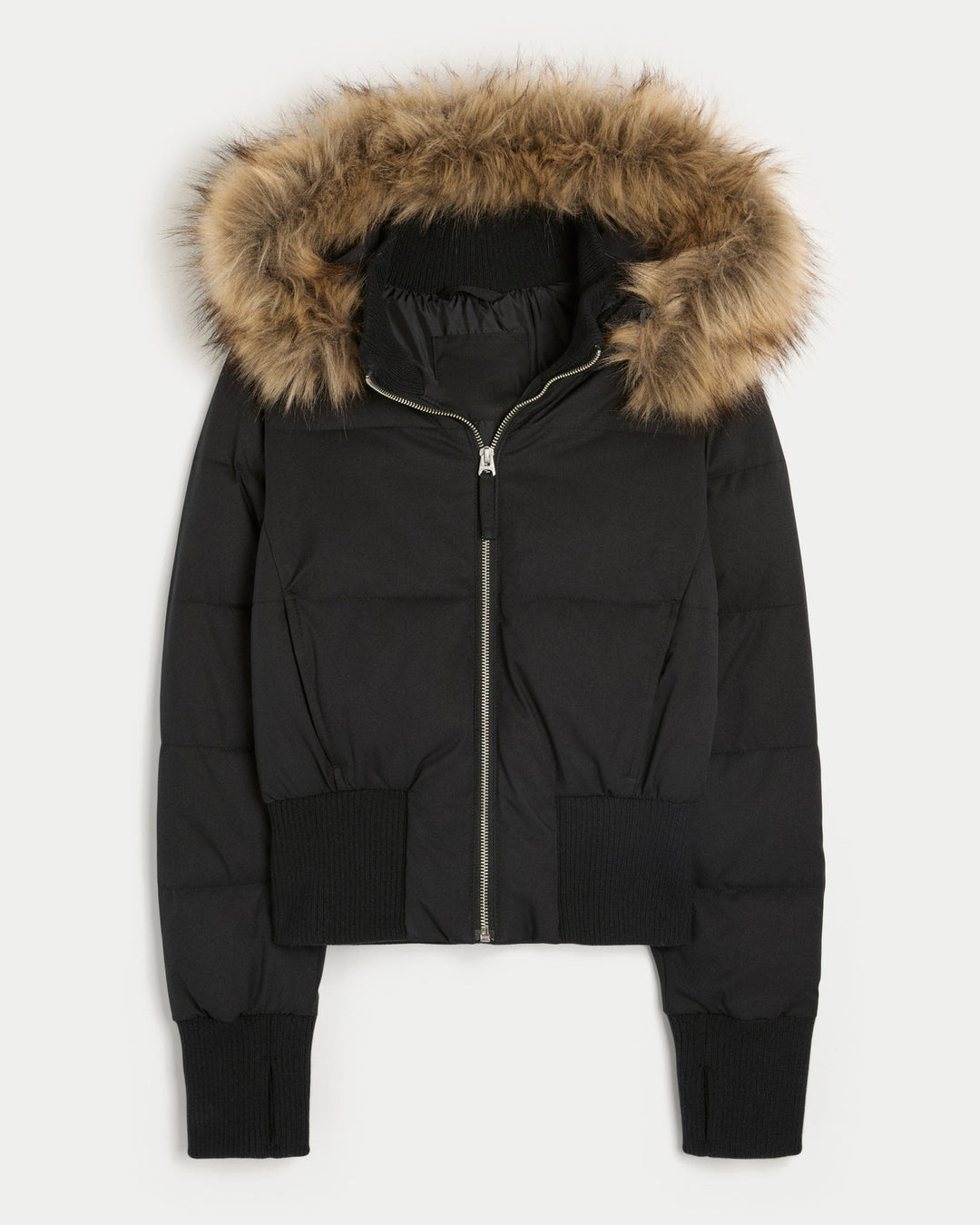 Veste courte matelassée pour femmes avec capuche en fourrure, fermeture éclair frontale et manches longues