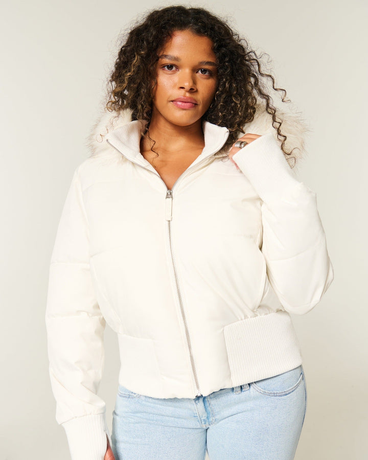 Veste courte matelassée pour femmes avec capuche en fourrure, fermeture éclair frontale et manches longues