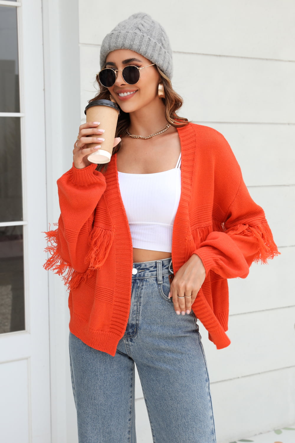 Veste en Tricot Femme Courte avec Front Ouvert, Bord Frangé aux Manches et Motif Côtelé