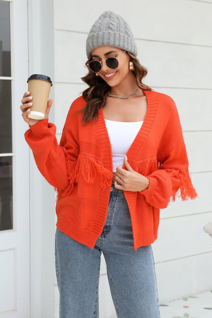 Veste en Tricot Femme Courte avec Front Ouvert, Bord Frangé aux Manches et Motif Côtelé