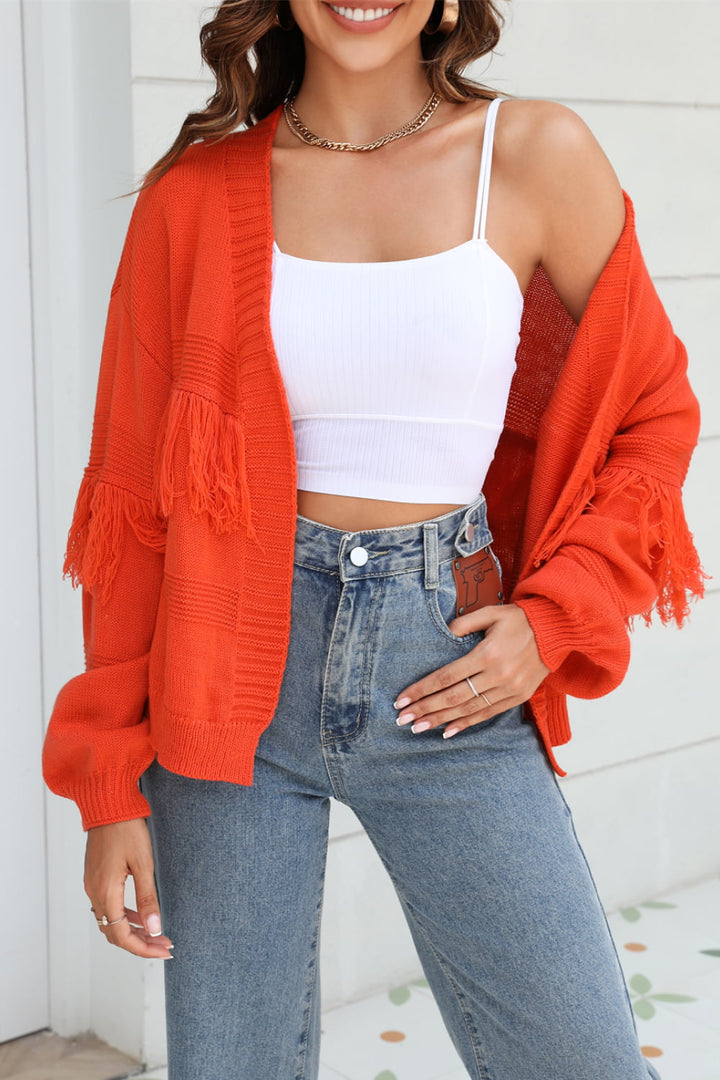 Veste en Tricot Femme Courte avec Front Ouvert, Bord Frangé aux Manches et Motif Côtelé