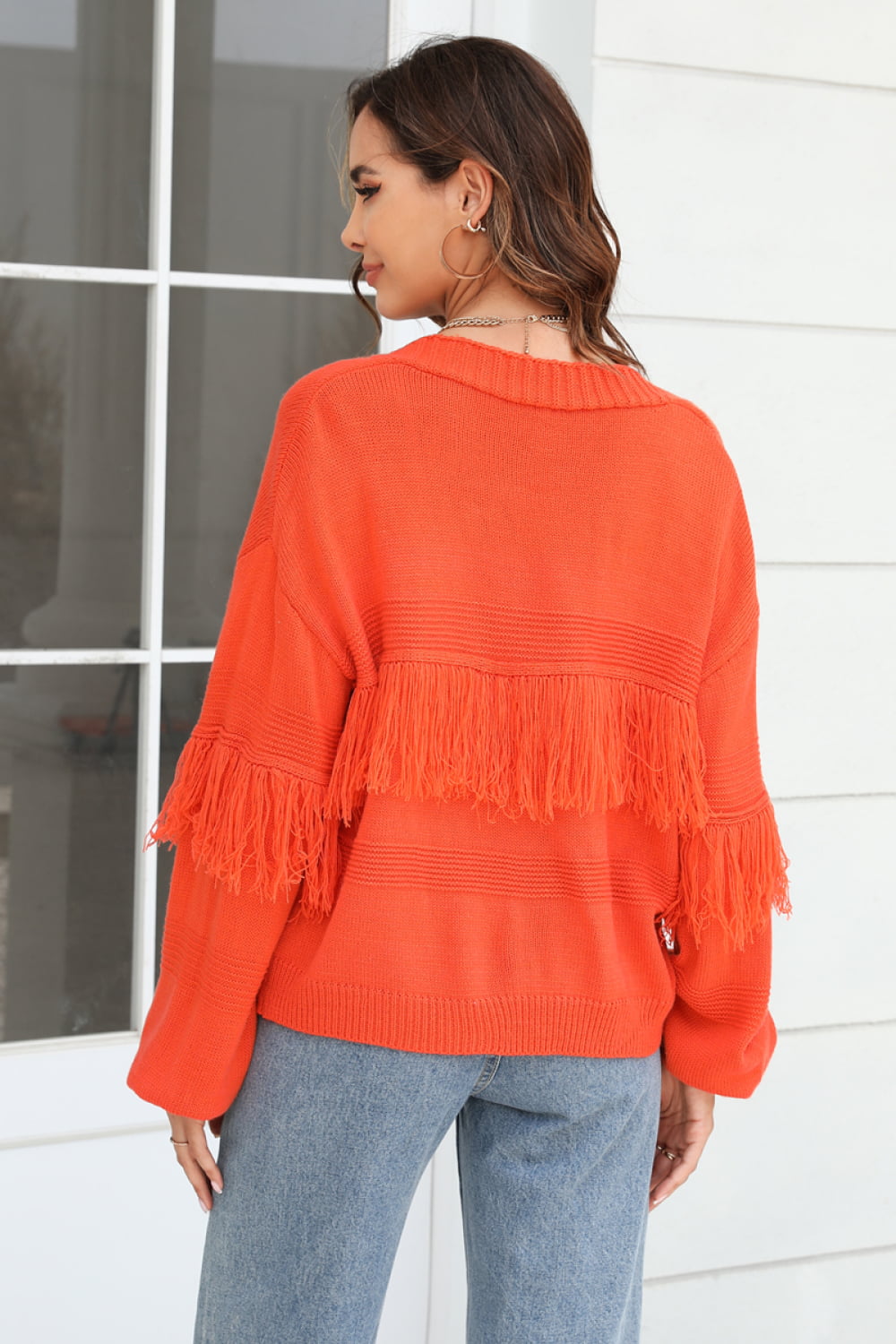 Veste en Tricot Femme Courte avec Front Ouvert, Bord Frangé aux Manches et Motif Côtelé