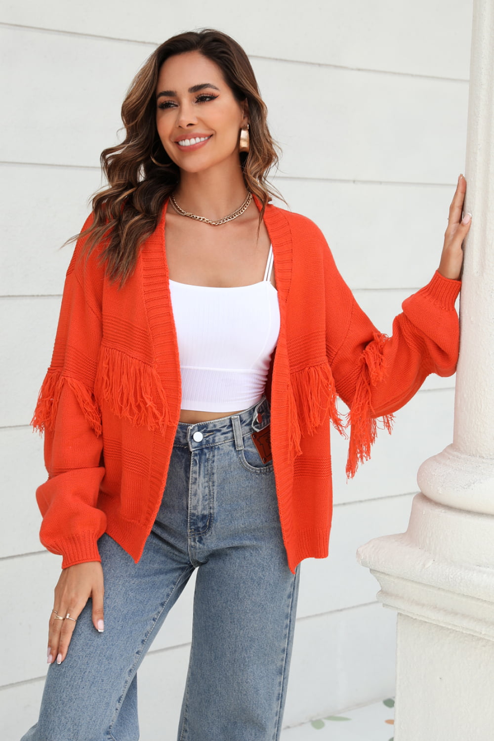 Veste en Tricot Femme Courte avec Front Ouvert, Bord Frangé aux Manches et Motif Côtelé
