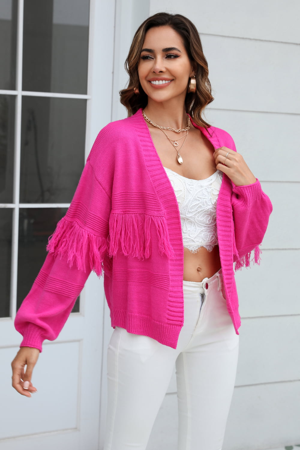 Veste en Tricot Femme Courte avec Front Ouvert, Bord Frangé aux Manches et Motif Côtelé
