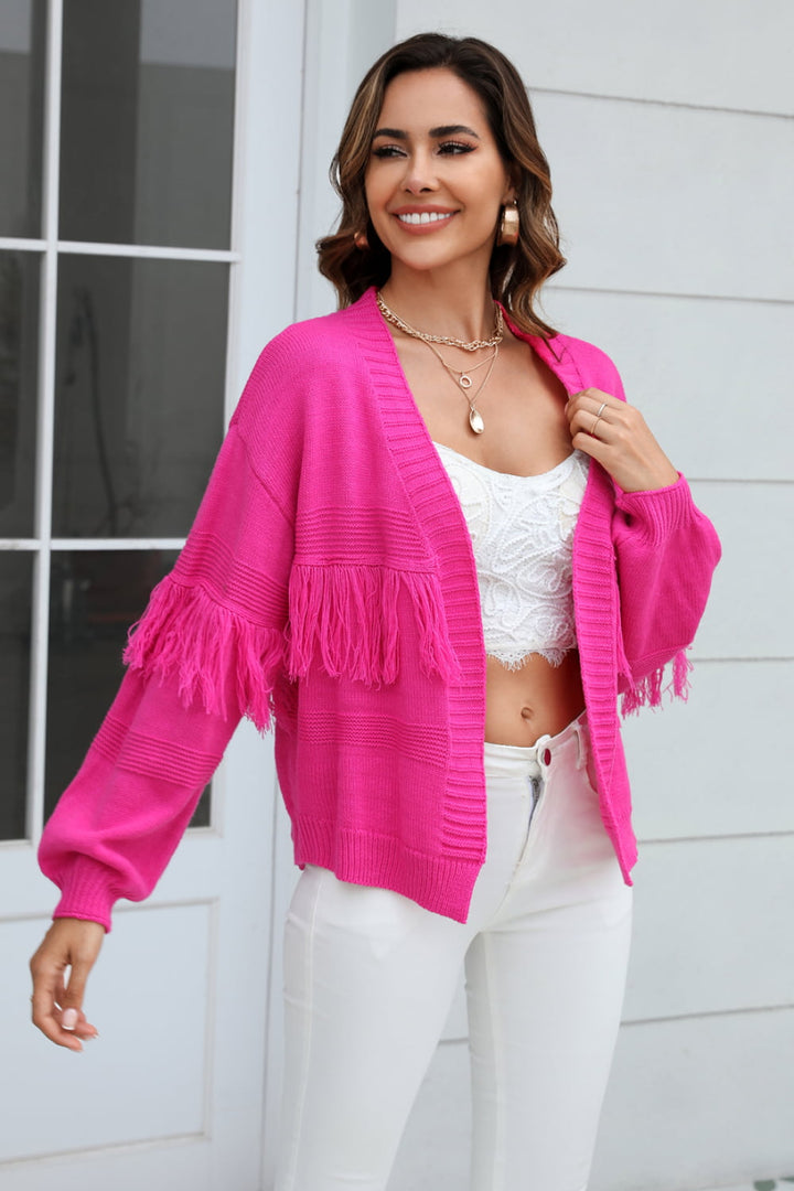 Veste en Tricot Femme Courte avec Front Ouvert, Bord Frangé aux Manches et Motif Côtelé