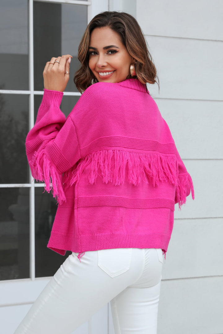 Veste en Tricot Femme Courte avec Front Ouvert, Bord Frangé aux Manches et Motif Côtelé