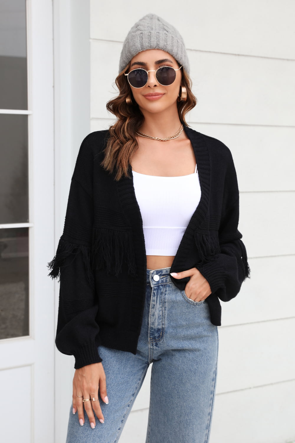 Veste en Tricot Femme Courte avec Front Ouvert, Bord Frangé aux Manches et Motif Côtelé