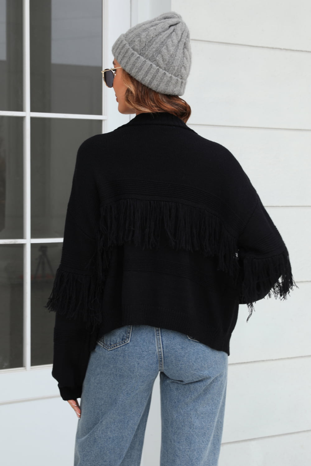 Veste en Tricot Femme Courte avec Front Ouvert, Bord Frangé aux Manches et Motif Côtelé