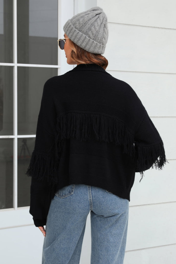 Veste en Tricot Femme Courte avec Front Ouvert, Bord Frangé aux Manches et Motif Côtelé