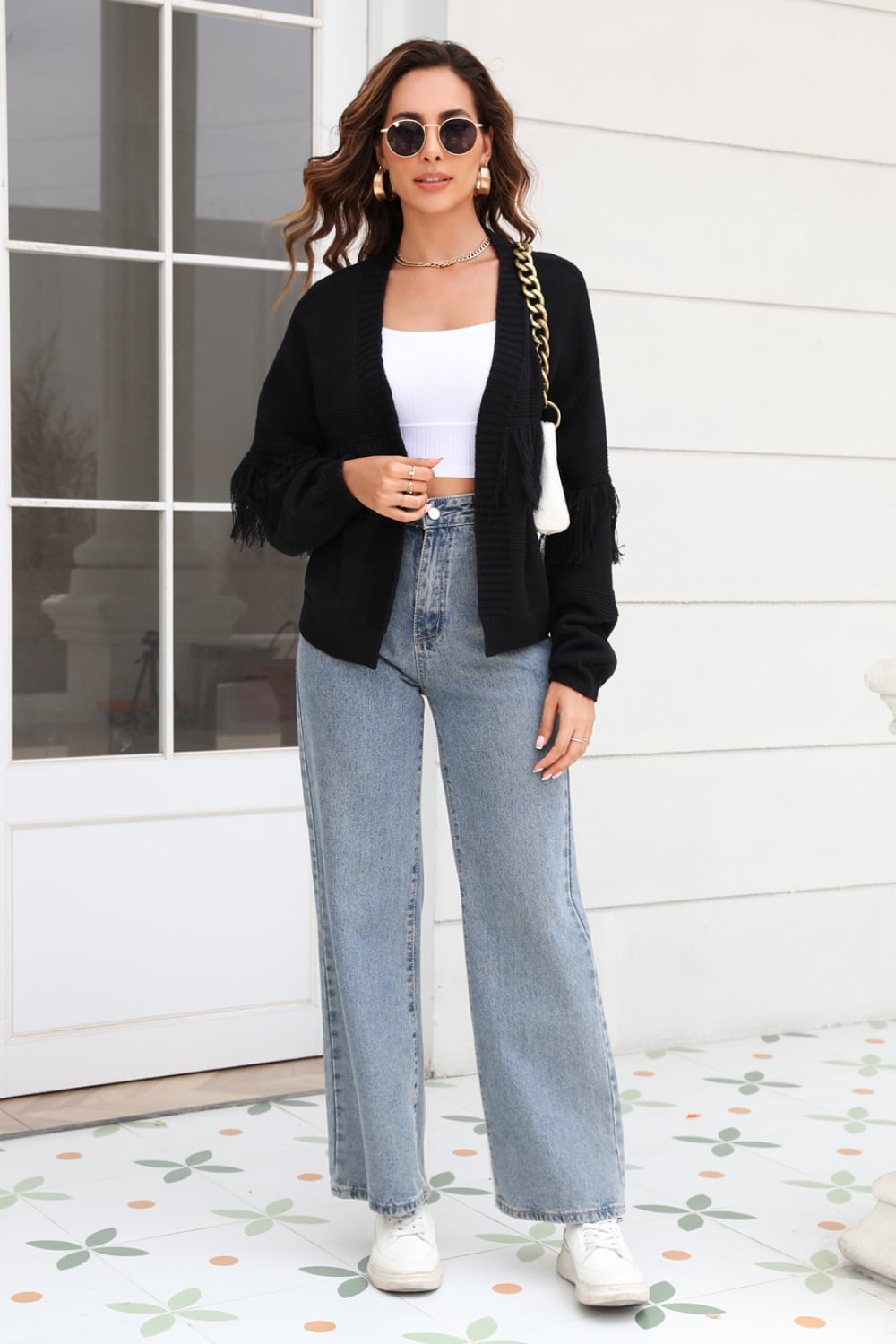 Veste en Tricot Femme Courte avec Front Ouvert, Bord Frangé aux Manches et Motif Côtelé