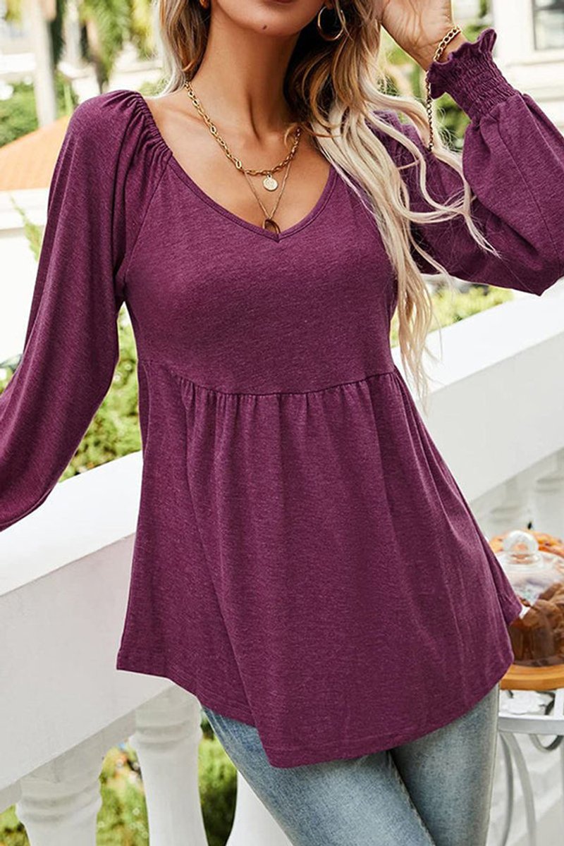 Mia | Tunique Babydoll à manches longues pour femmes avec décolleté en V et taille froncée