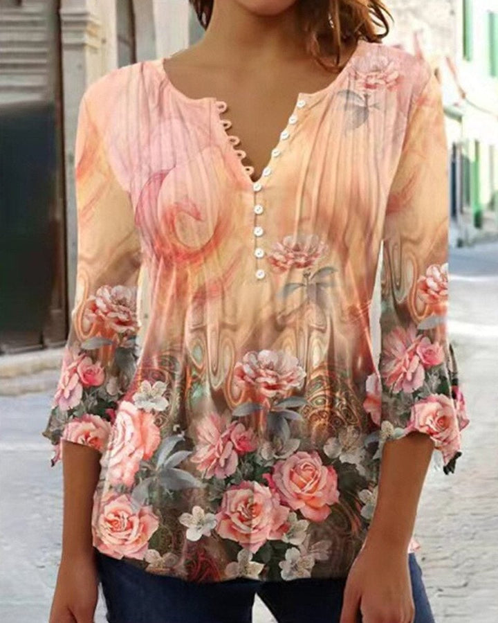 Charlotte | Chemisier à manches longues pour femmes, chemise Henley à fleurs, coupe décontractée