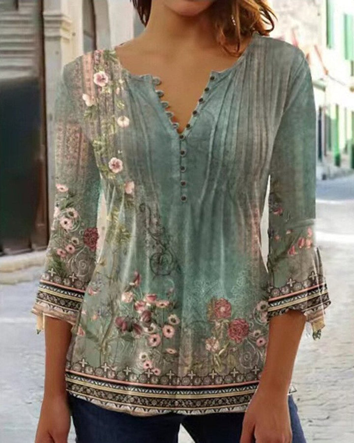 Charlotte | Chemisier à manches longues pour femmes, chemise Henley à fleurs, coupe décontractée