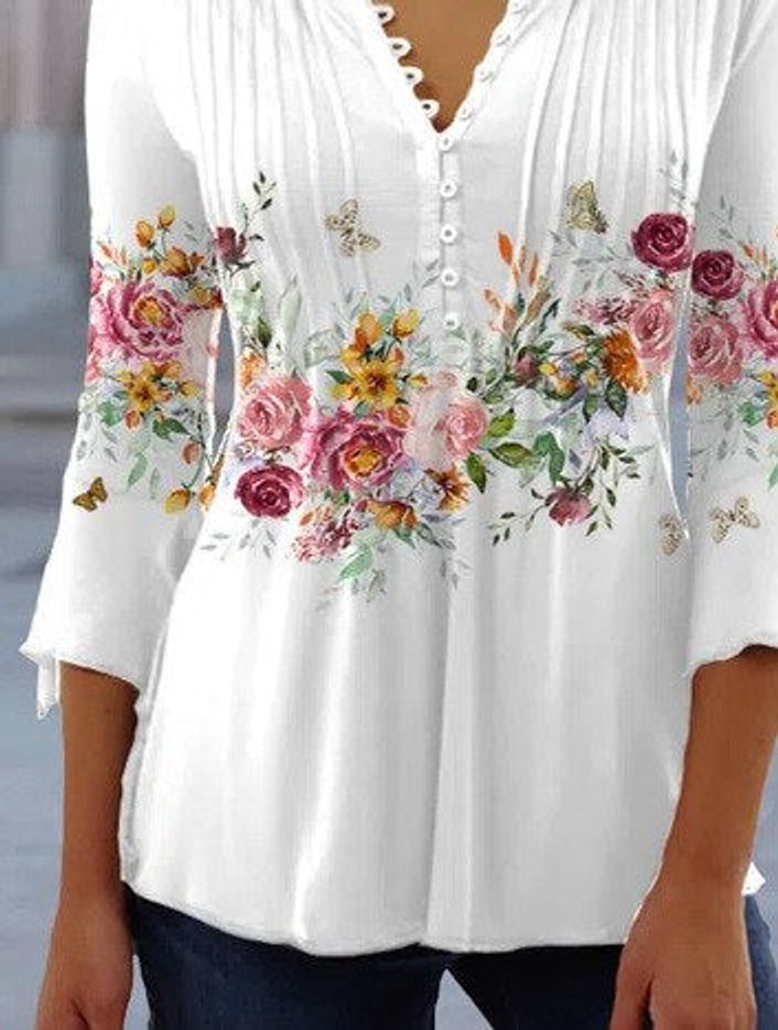 Charlotte | Chemisier à manches longues pour femmes, chemise Henley à fleurs, coupe décontractée