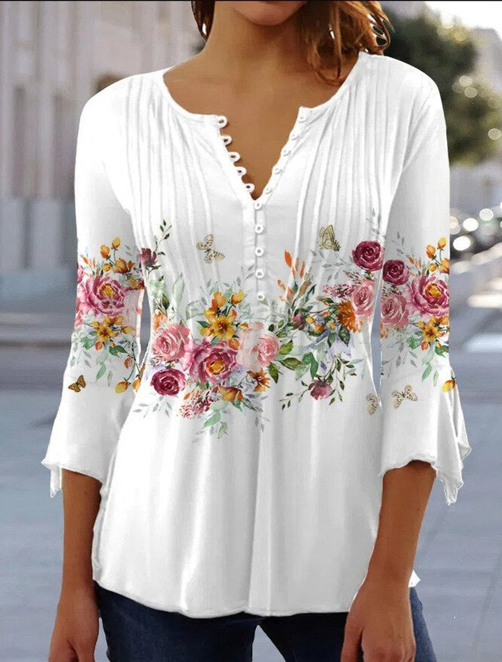 Charlotte | Chemisier à manches longues pour femmes, chemise Henley à fleurs, coupe décontractée