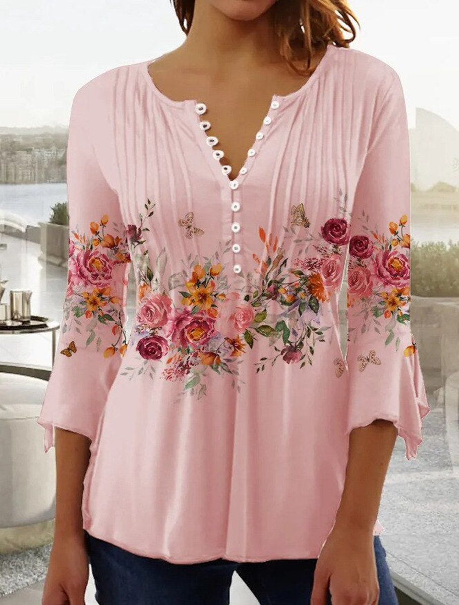 Charlotte | Chemisier à manches longues pour femmes, chemise Henley à fleurs, coupe décontractée