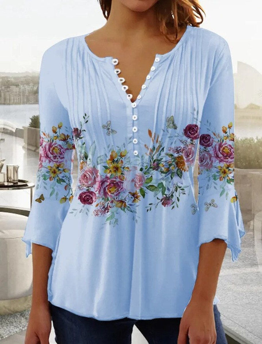Charlotte | Chemisier à manches longues pour femmes, chemise Henley à fleurs, coupe décontractée