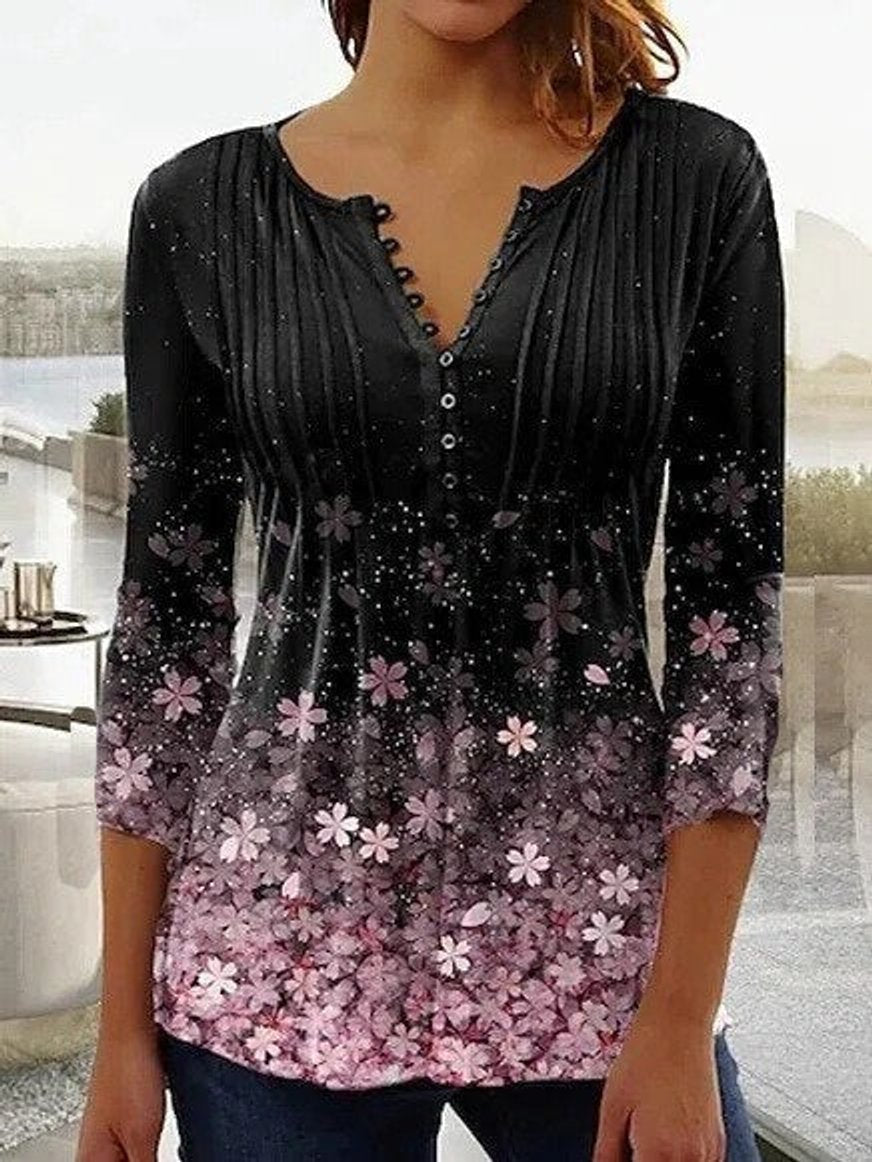 Charlotte | Chemisier à manches longues pour femmes, chemise Henley à fleurs, coupe décontractée