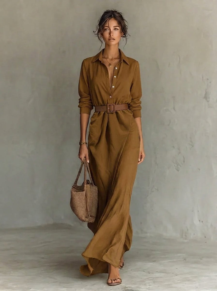 Katharina | Robe maxi à manches longues pour femmes, cintrée avec ceinture