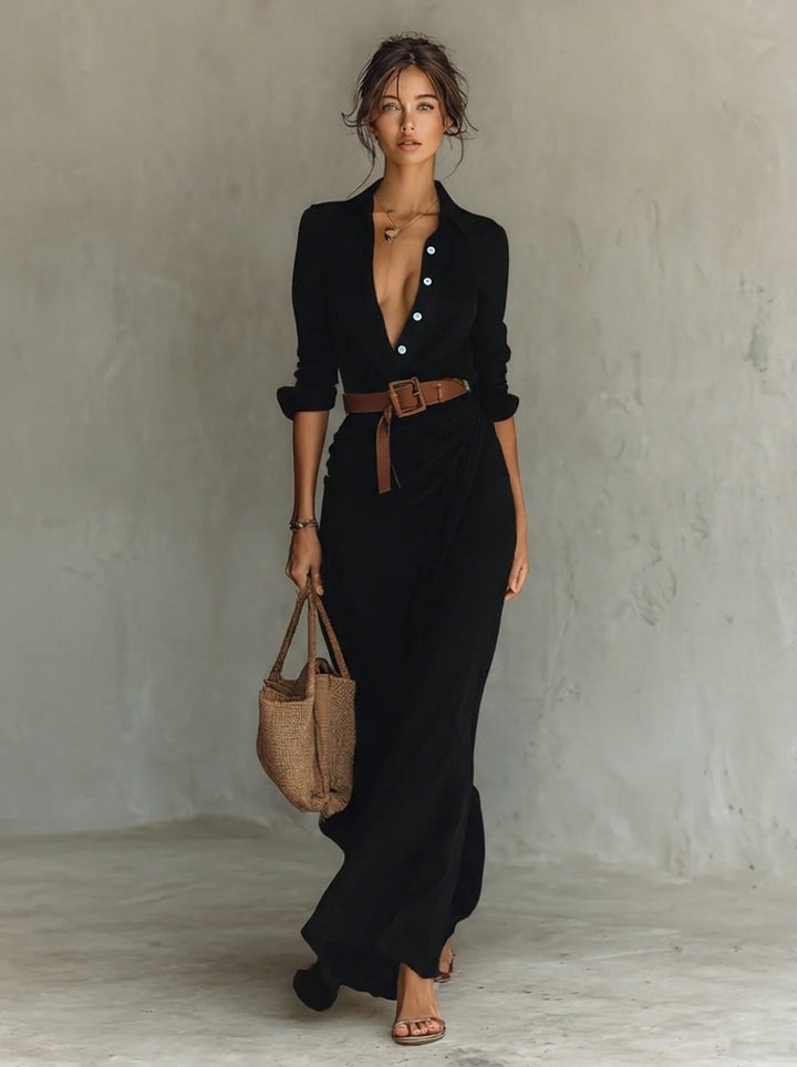 Katharina | Robe maxi à manches longues pour femmes, cintrée avec ceinture