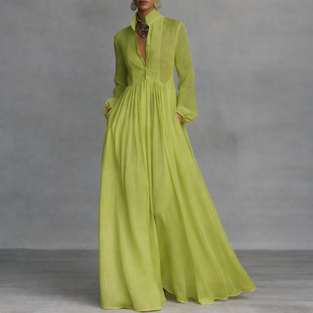 Sophie | Robe Maxi à Manches Longues pour Femmes, Robe Chemise Fluide avec Col Montant