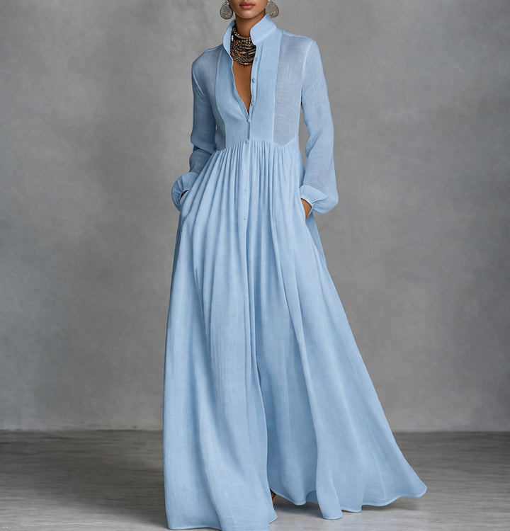 Sophie | Robe Maxi à Manches Longues pour Femmes, Robe Chemise Fluide avec Col Montant