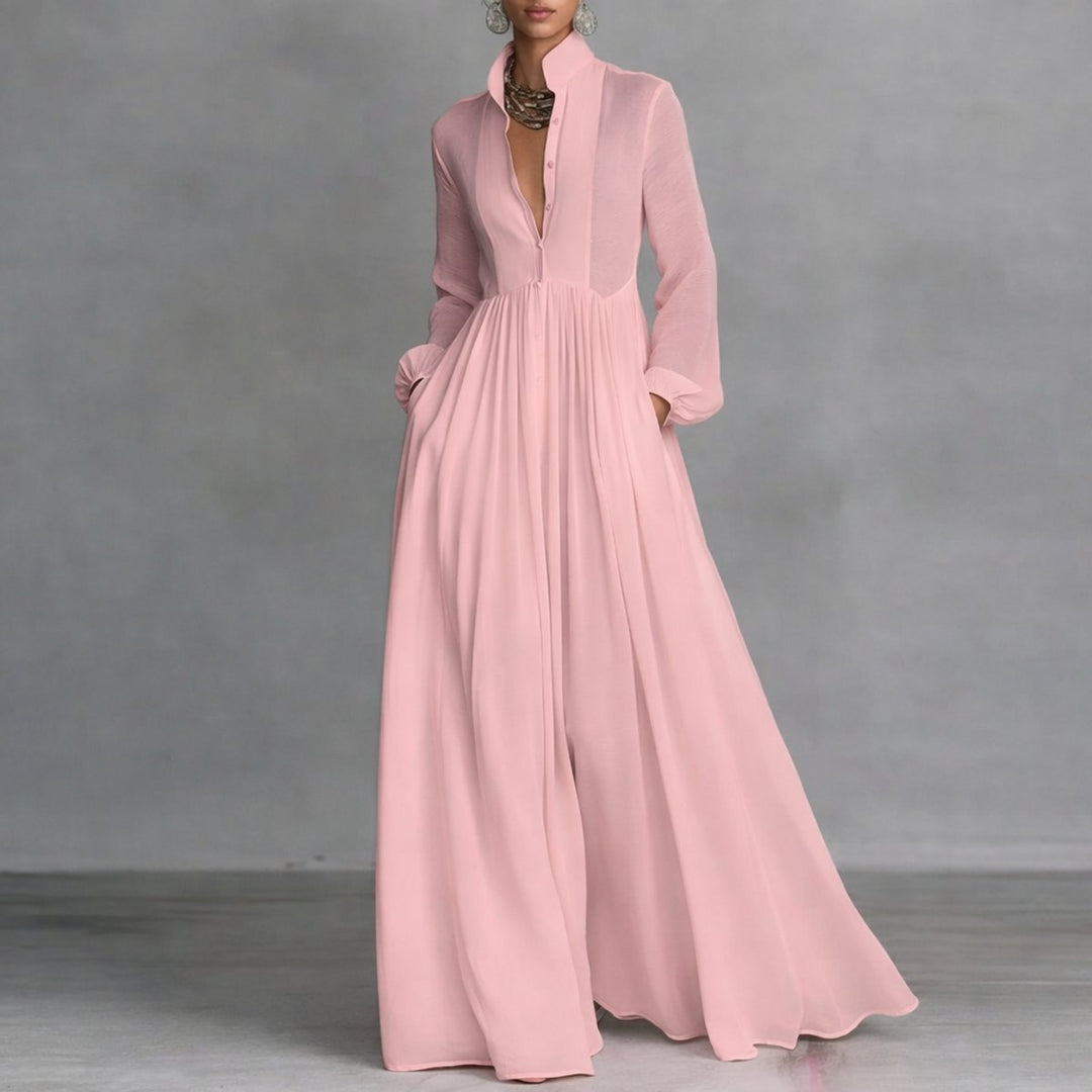 Sophie | Robe Maxi à Manches Longues pour Femmes, Robe Chemise Fluide avec Col Montant