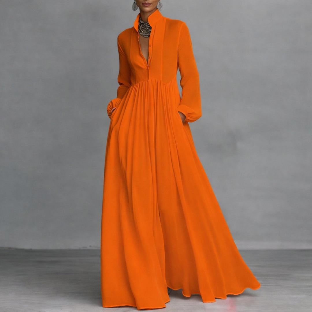 Sophie | Robe Maxi à Manches Longues pour Femmes, Robe Chemise Fluide avec Col Montant