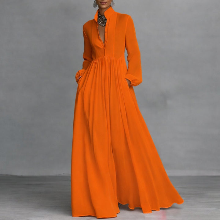Sophie | Robe Maxi à Manches Longues pour Femmes, Robe Chemise Fluide avec Col Montant