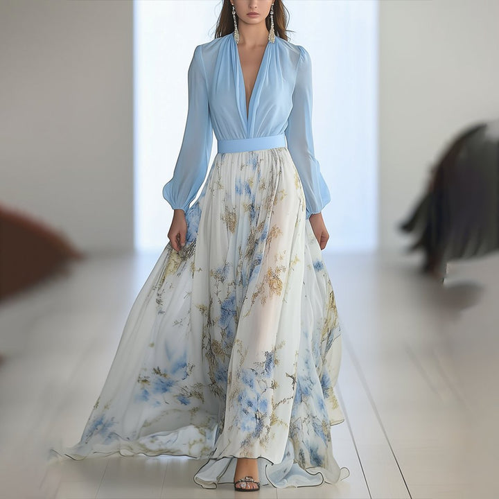 Marlene | Robe Maxi à Manches Longues pour Femmes en Chiffon Floral, Coupe A, Décolleté en V Profond