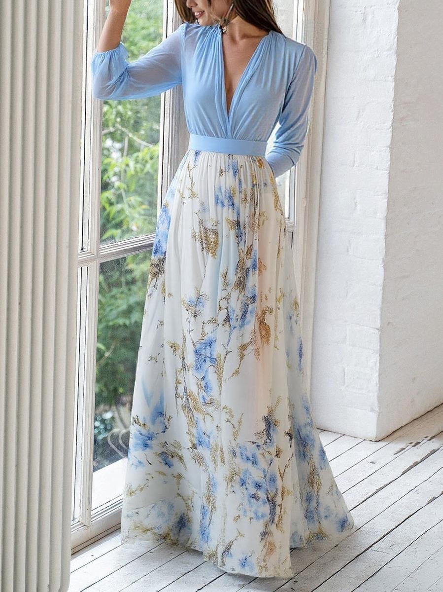 Marlene | Robe Maxi à Manches Longues pour Femmes en Chiffon Floral, Coupe A, Décolleté en V Profond