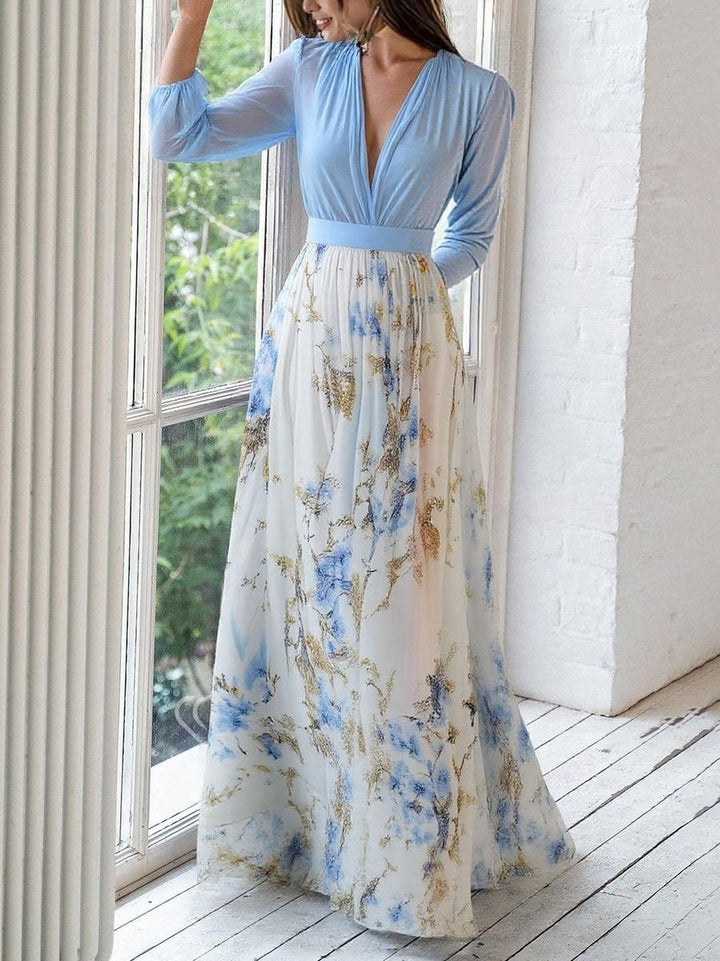 Marlene | Robe Maxi à Manches Longues pour Femmes en Chiffon Floral, Coupe A, Décolleté en V Profond