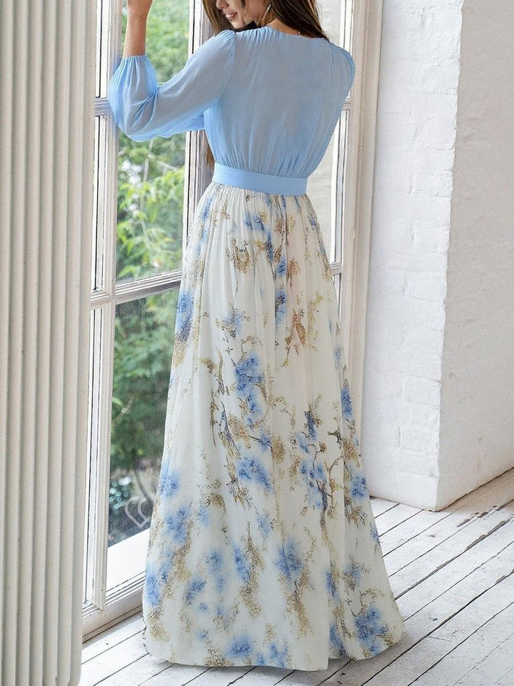 Marlene | Robe Maxi à Manches Longues pour Femmes en Chiffon Floral, Coupe A, Décolleté en V Profond