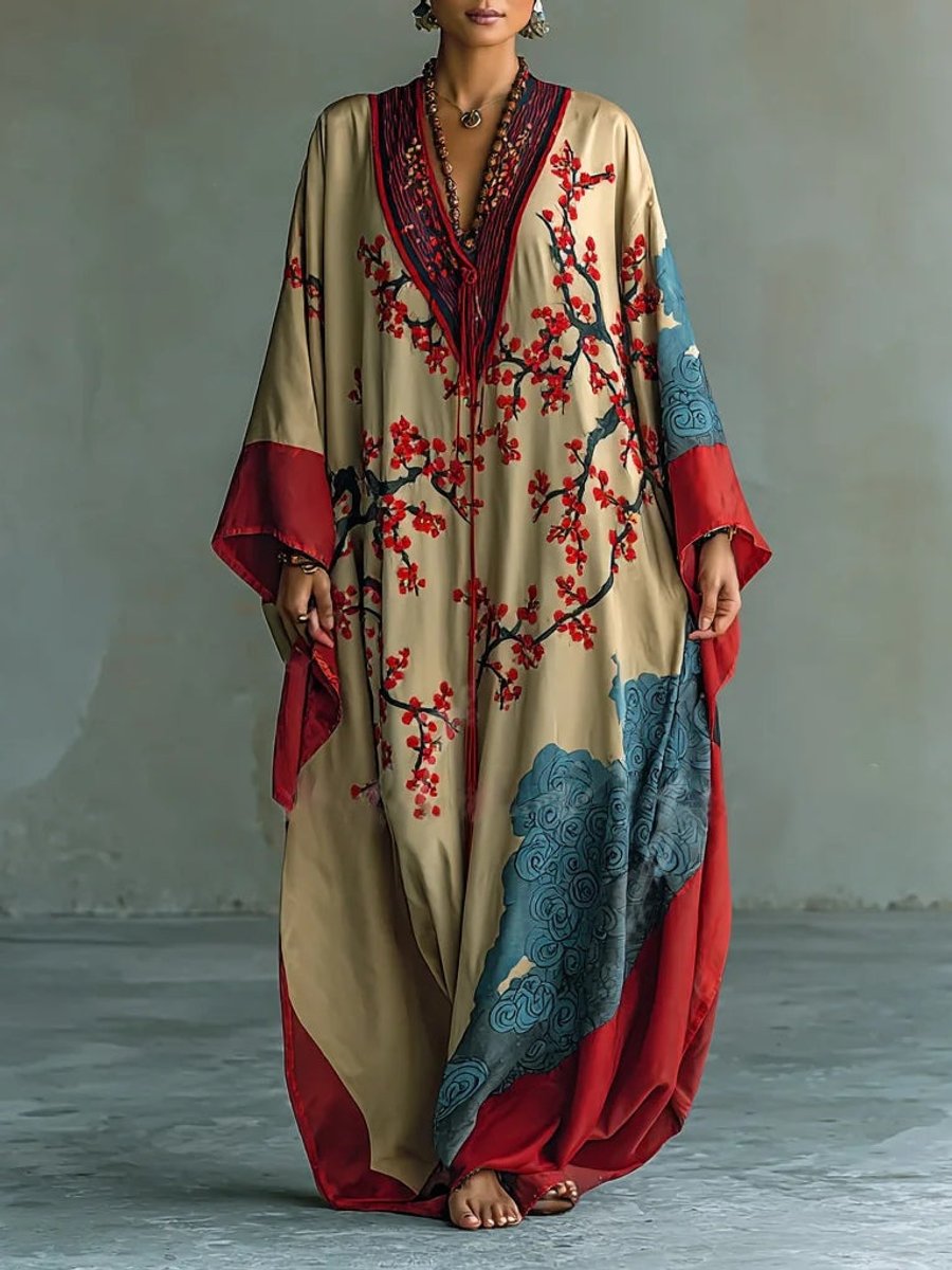 Amelie | Robe maxi à manches longues pour femmes avec coupe à manches chauve-souris et imprimé de fleurs de prunier japonais