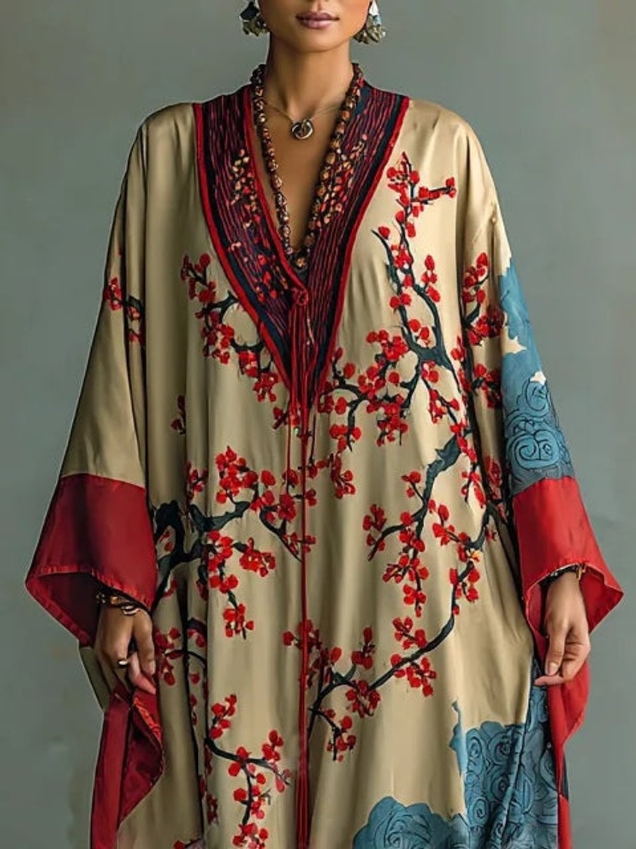 Amelie | Robe maxi à manches longues pour femmes avec coupe à manches chauve-souris et imprimé de fleurs de prunier japonais