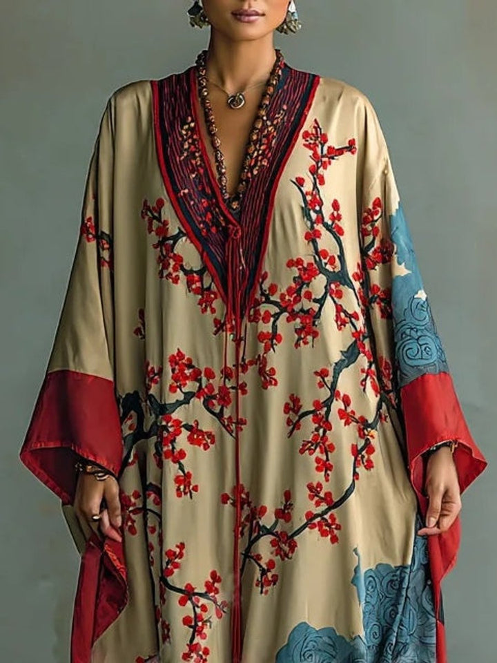 Amelie | Robe maxi à manches longues pour femmes avec coupe à manches chauve-souris et imprimé de fleurs de prunier japonais