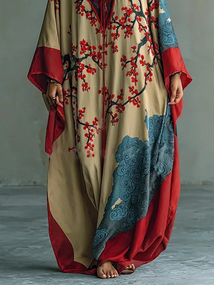 Amelie | Robe maxi à manches longues pour femmes avec coupe à manches chauve-souris et imprimé de fleurs de prunier japonais
